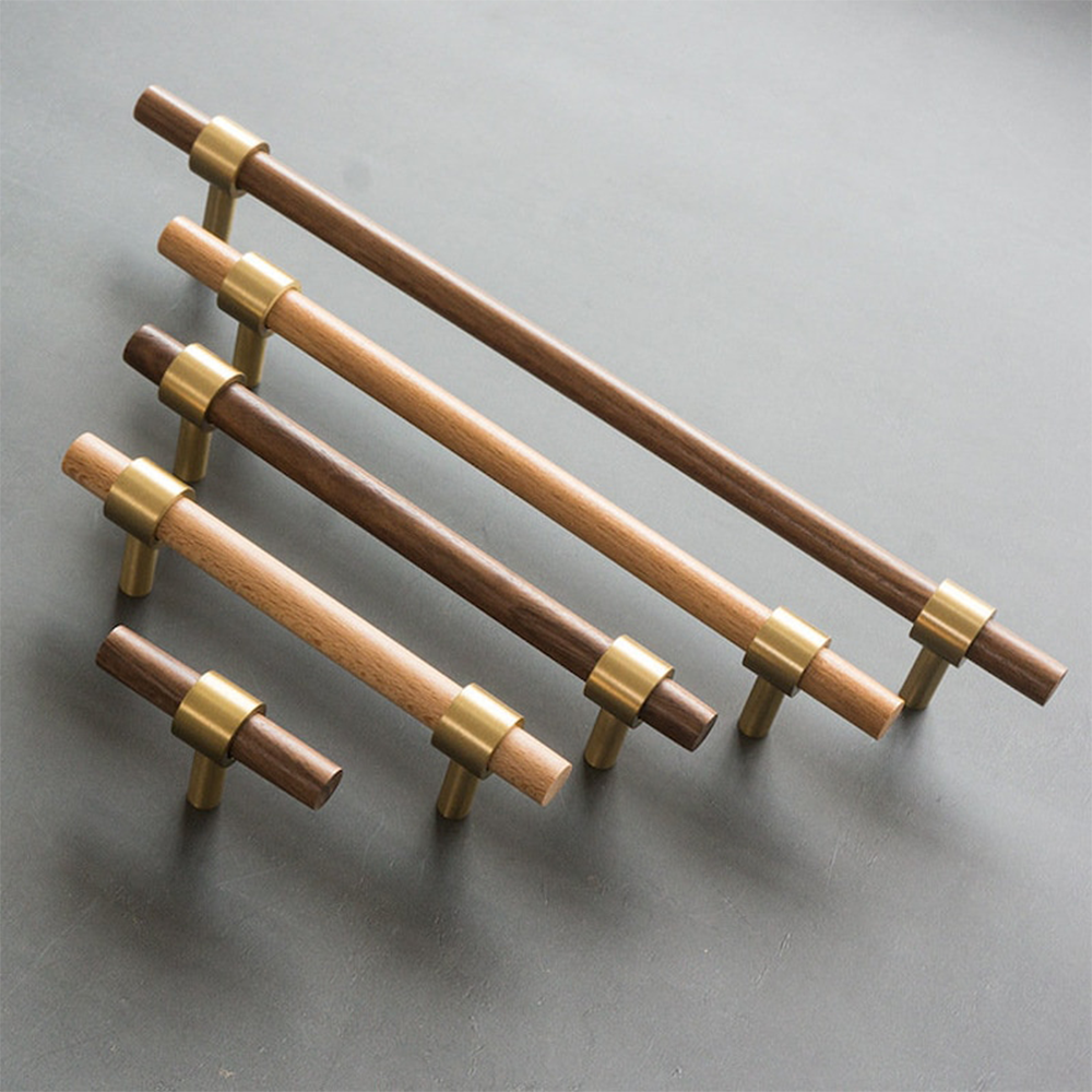 Walnut Beech Wood Brass Base T-Bar Cabinet & Drawer Pulls