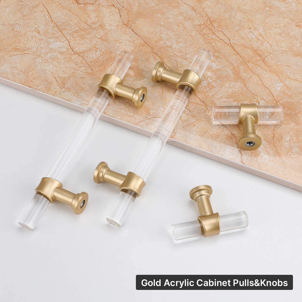 Clear Acrylic T-Bar Cabinet & Drawer Pulls - Modern Gold Accent