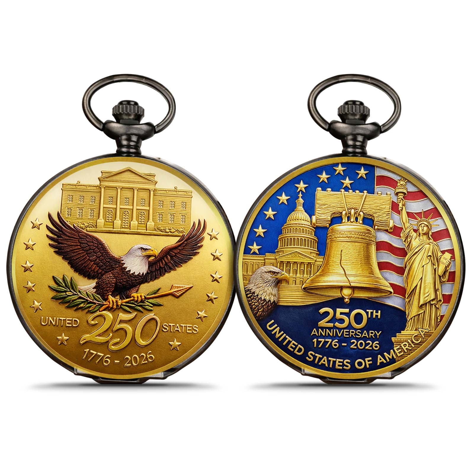 250th Anniversary Patriotic Pocket Watch - USA Eagle Liberty Bell